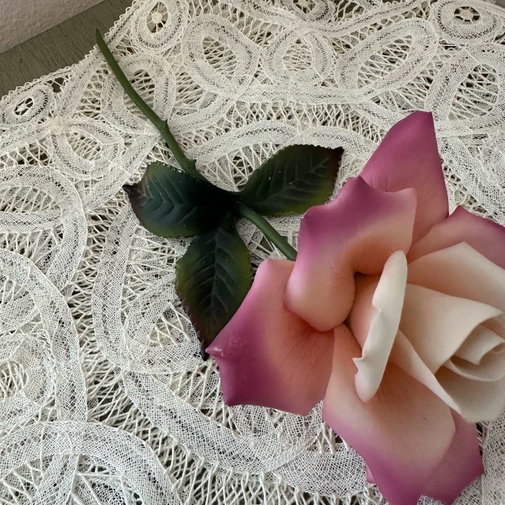 Vintage Ceramic  Pink White Single Rose Flower
Branch - Picture 2 of 5